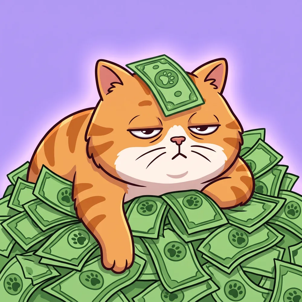 Meowney sprawled on a huge pile of banknotes, one bill still on his head